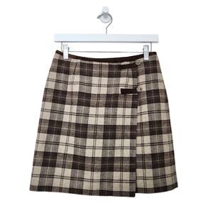 Vintage Y2K GAP Wool Brown Plaid High Waist Mini Wrap Skirt Preppy Academia 4